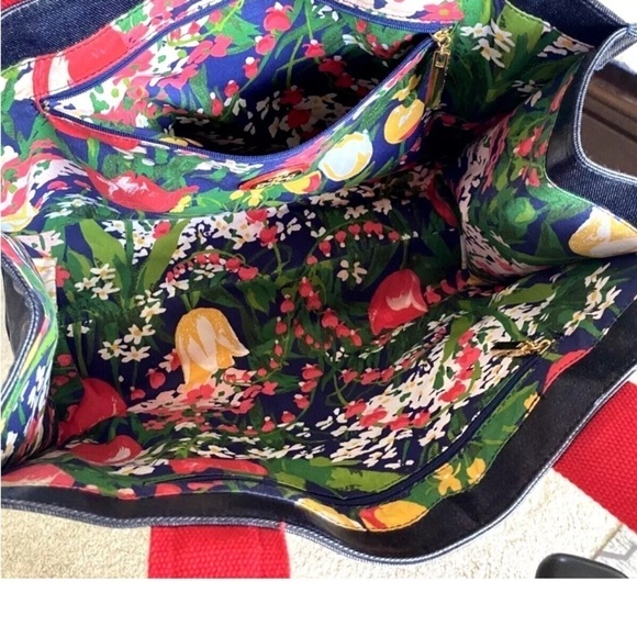 Tory Burch Large Purse Shoulder Bag Tote Black Red Logo Floral Lined Zip Pockets - Picture 8 of 8